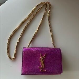 Yves Saint Laurent Kate Fuchsia Glitter Crossbody with Gold Chain